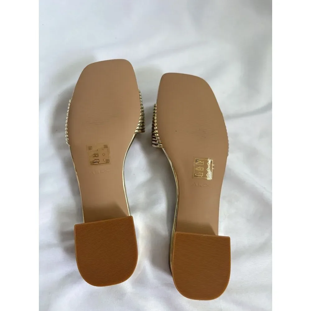 ALDO New Women's Neela Flat Sandal Gold Square Shape Princess Size 8.5 Classy